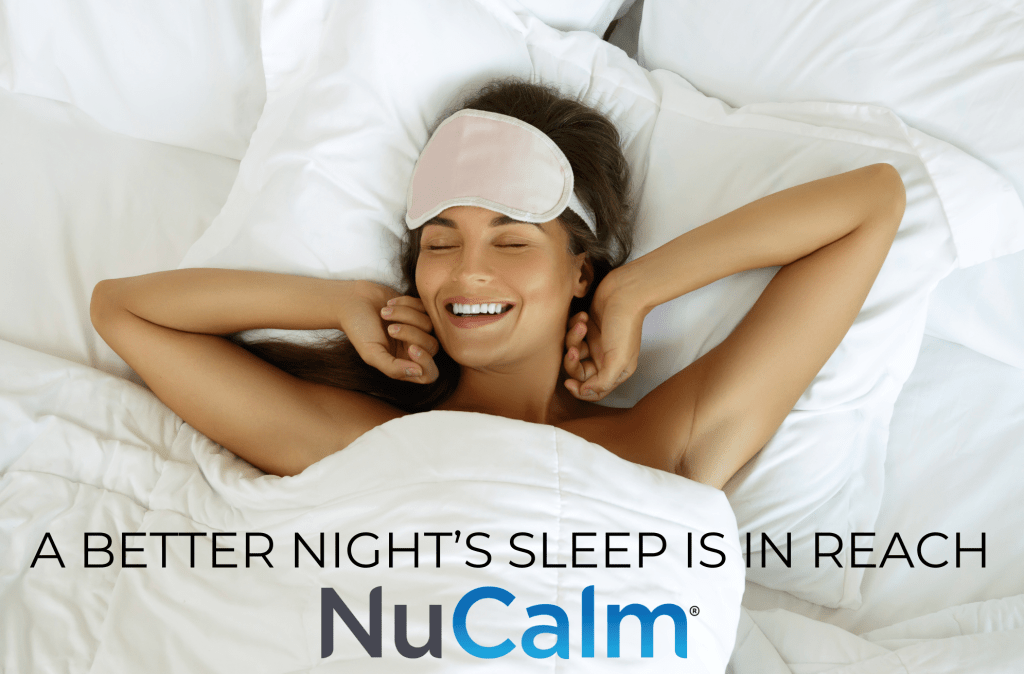 NuCalm relaxation and recovery app woman waking up happy and rested and the slogan is a better night's sleep is in reach