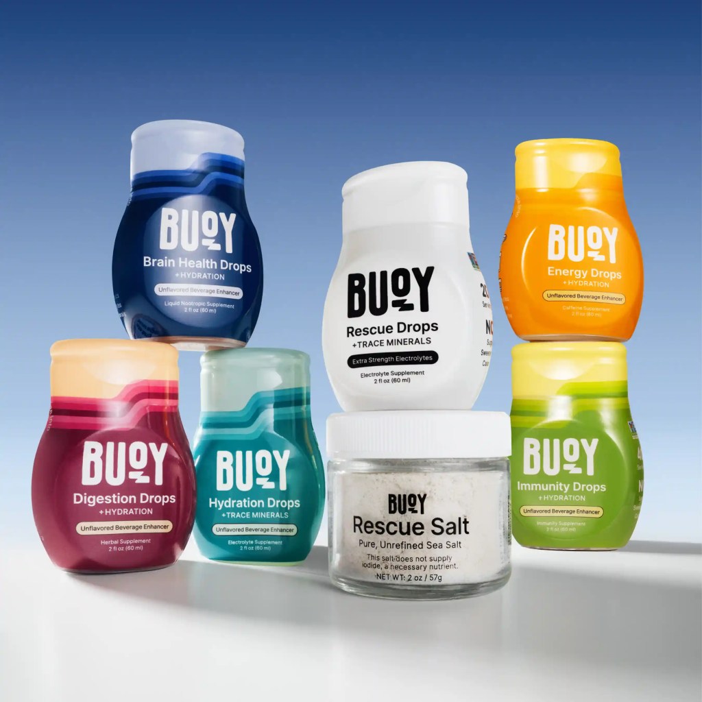 Buoy Hydration Drops selection of bottles for chronic illness hydration.